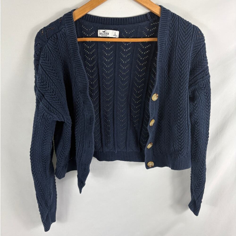 Hollister Knit Cropped Button Front Dark Blue Sweater Size Large